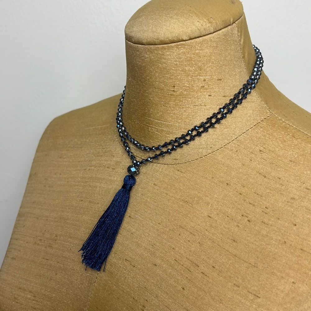 Blue Beaded Tassel Necklace